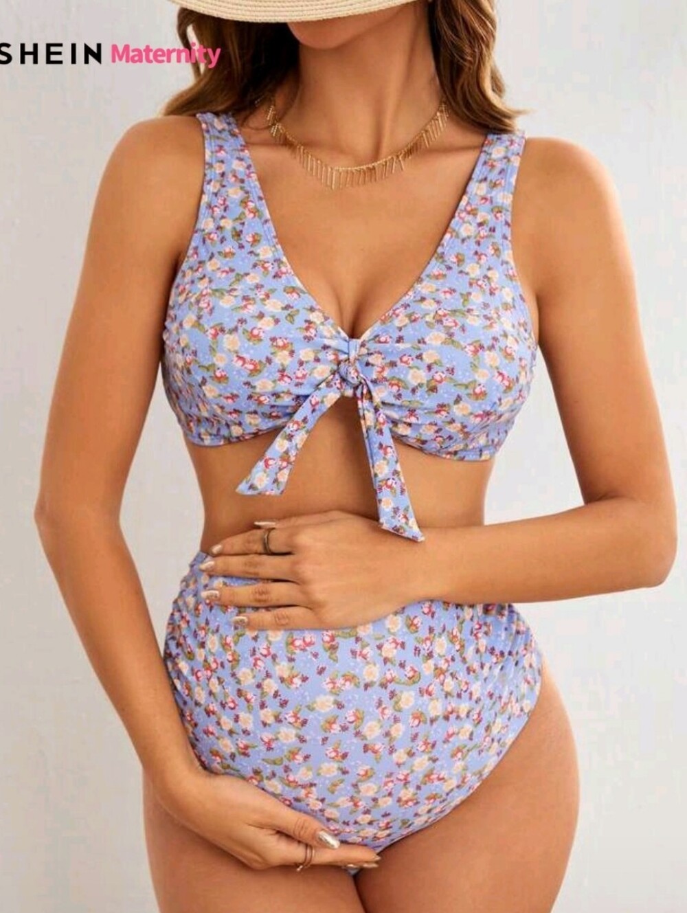 SHEIN Maternity Light Blue Floral Tie-Front Bikini